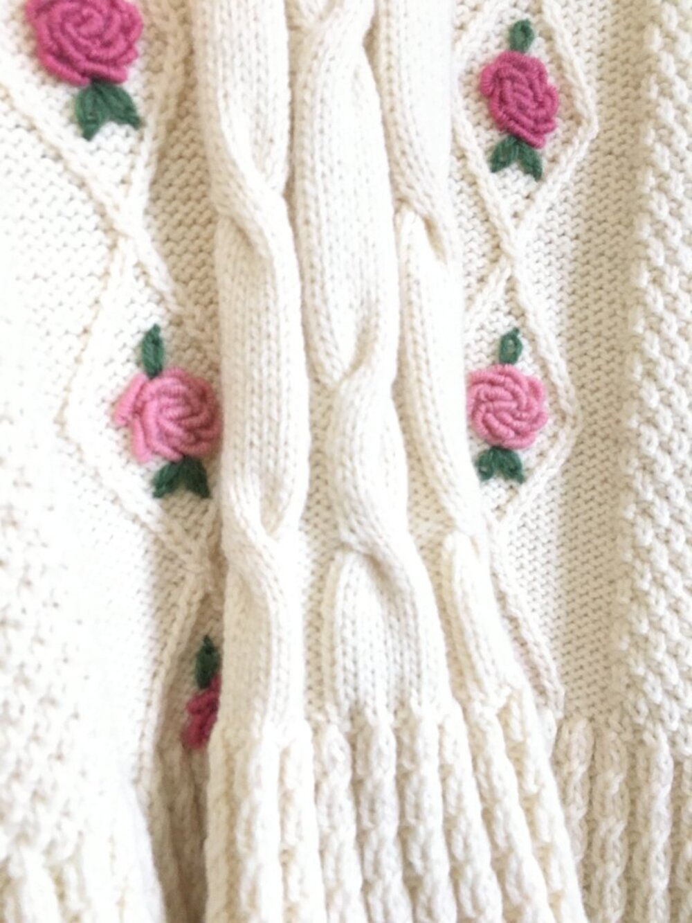Vintage Hand-Knit 3D Rose Cardigan Sweater Cream Cottagecore Mori Kei - Picture 11 of 16
